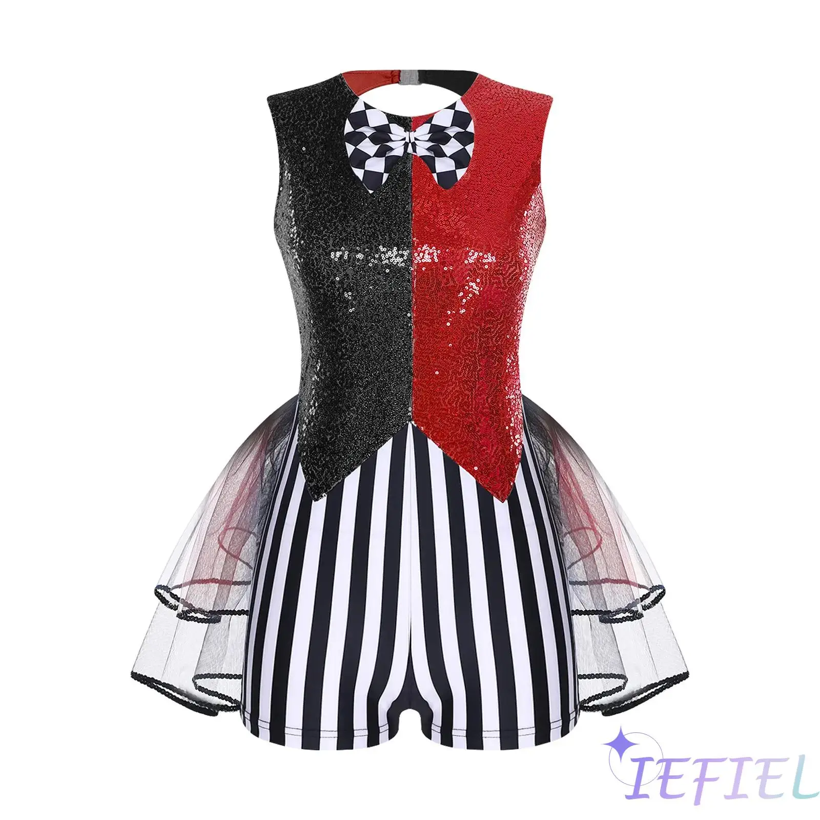 

Womens Crazy Halloween Jumpsuit Sequin Striped Patchwork Checker Bowtie Tiered Tulle Hem Cutout Rompers for Mad Clown Dress Up