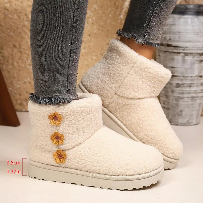 Elegant Floral Decoration Snow Boots for Women Lambswool Warm Short Plush Ankle Boots Winter Soft Sole Platform Anti Slip Shoes