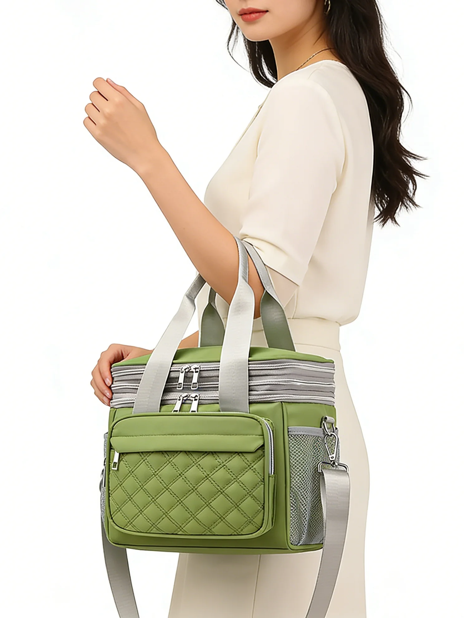 Leakproof Cooler Lunchbox For Adult Work Large Lunch Tote Purse With Adjustable Shoulder Strap Quilted Top Expandable Double Deck Lunch Box With Multi Pockets