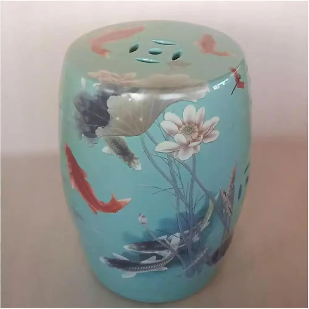 

Garden Stool, Decorative Garden Stool Chinese-Style Drum Fishes and Lotus Decorations (Blue)
