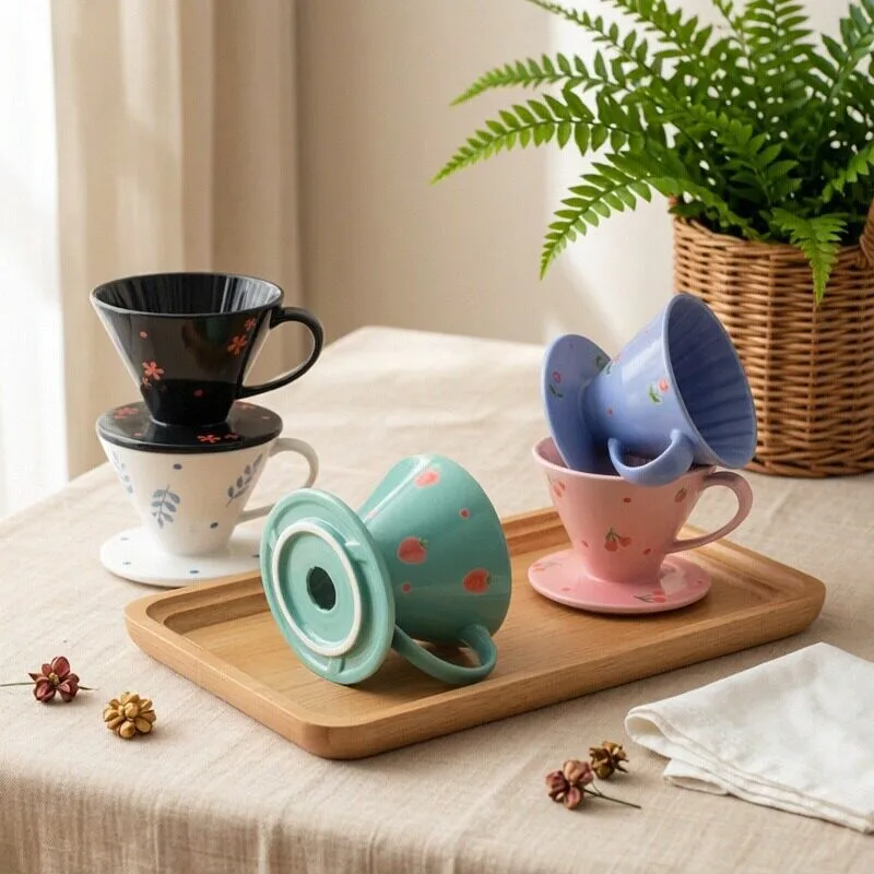 V Drip Style Ceramic Printed Filter Cup People Hand Painted With Handle For Coffee Filtration