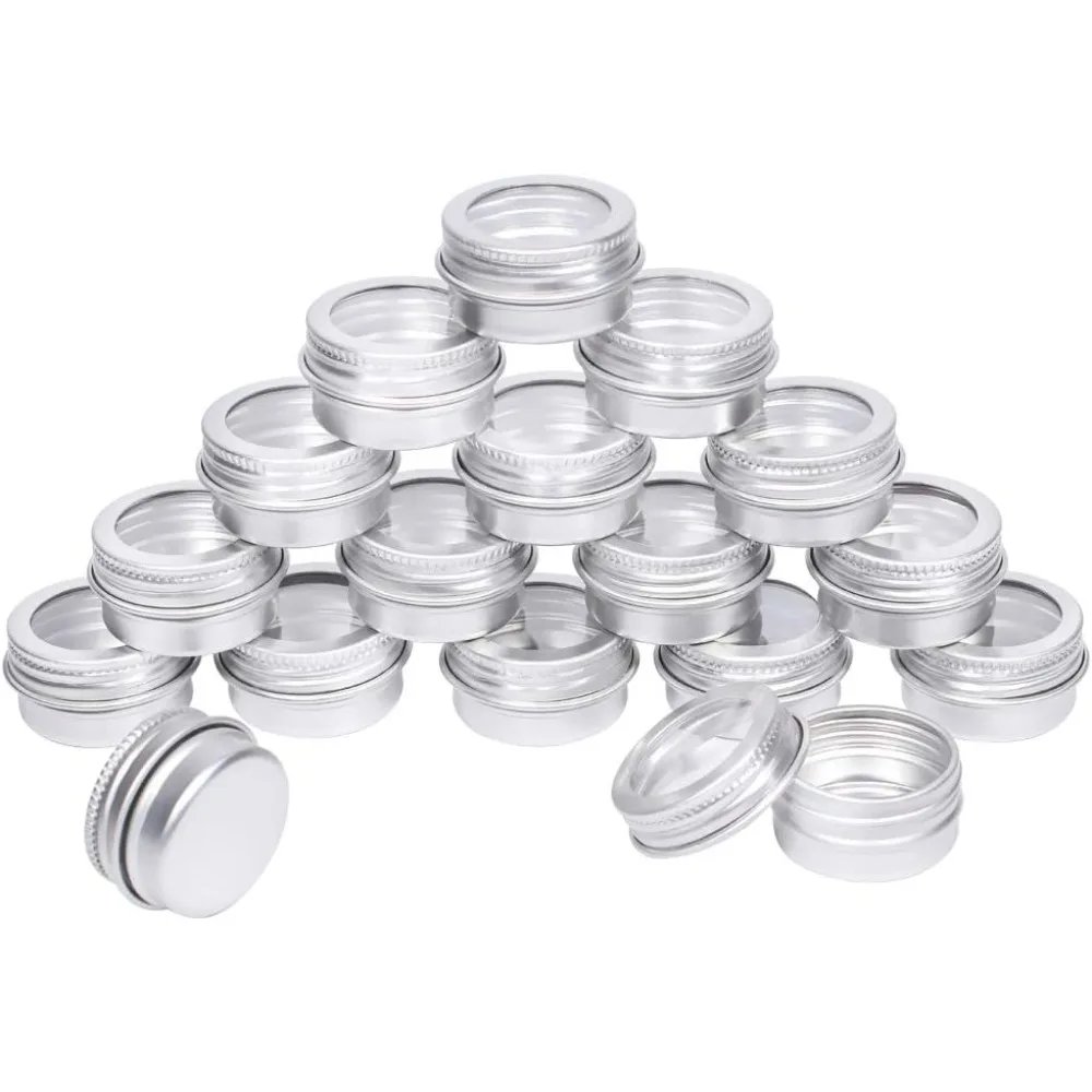 32 Pack 5ml 0.17oz Small Empty Silver Aluminum Tins Metal Jar Cans Sample Cosmetic Containers Bottle Box with Window