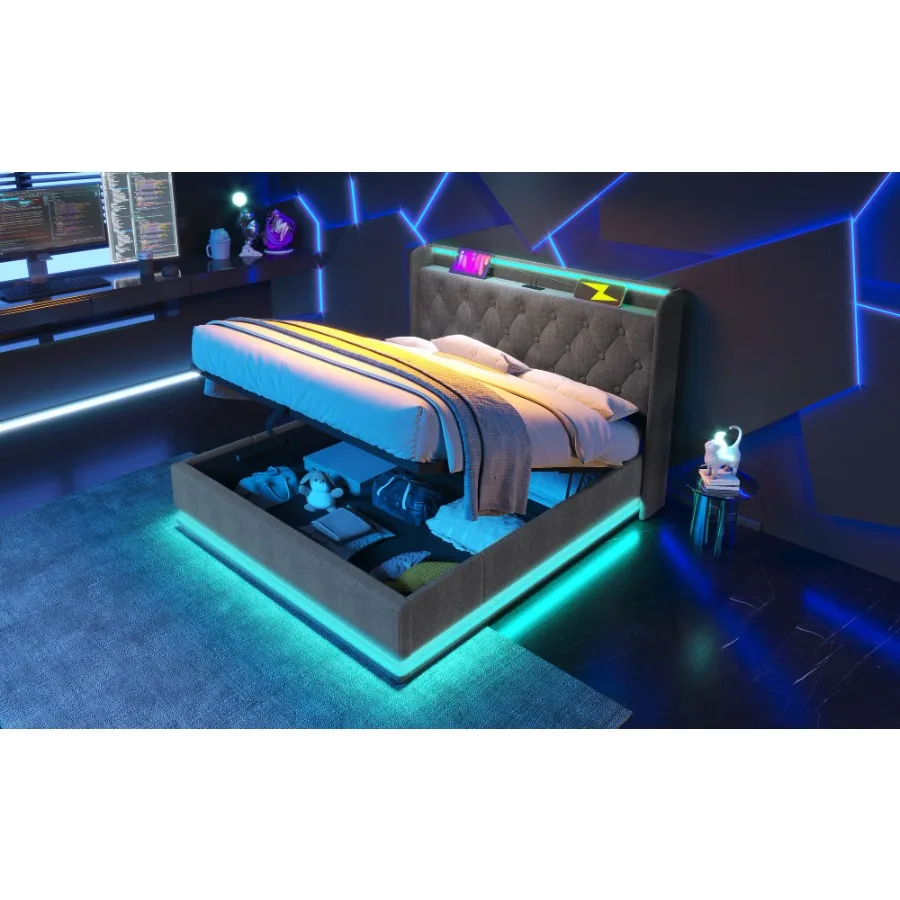 King size Upholstered bed 360 surround LED function Buttons/Apps/Remote Control hydraulic storage bed with USB Type-C charging