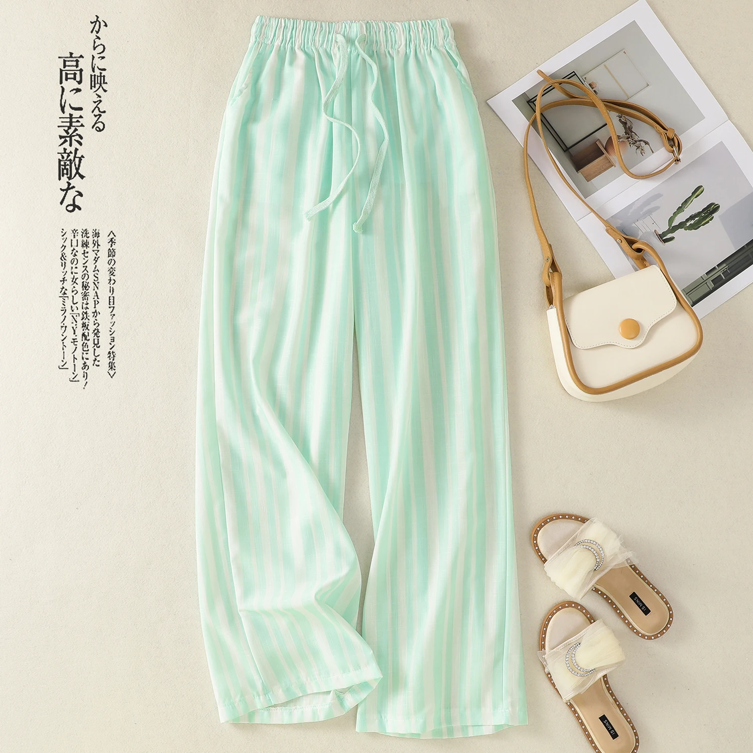 Plones Anchos de Verano con Cintura Elástica y Cordón Ajustable, Color Verde Menta, Estilo Casual, Pierna Recta, Cintura ...