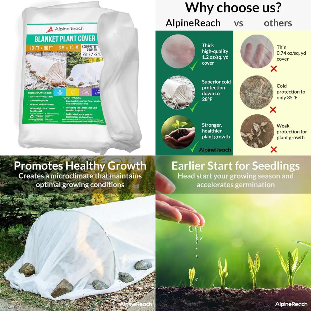 

Thick 1.2 oz/yd² Frost & Sun Protection Cover for Alpine Plants, 10x50ft, Withstands Low 28°F Temps, Ideal for Row and Garden Fa