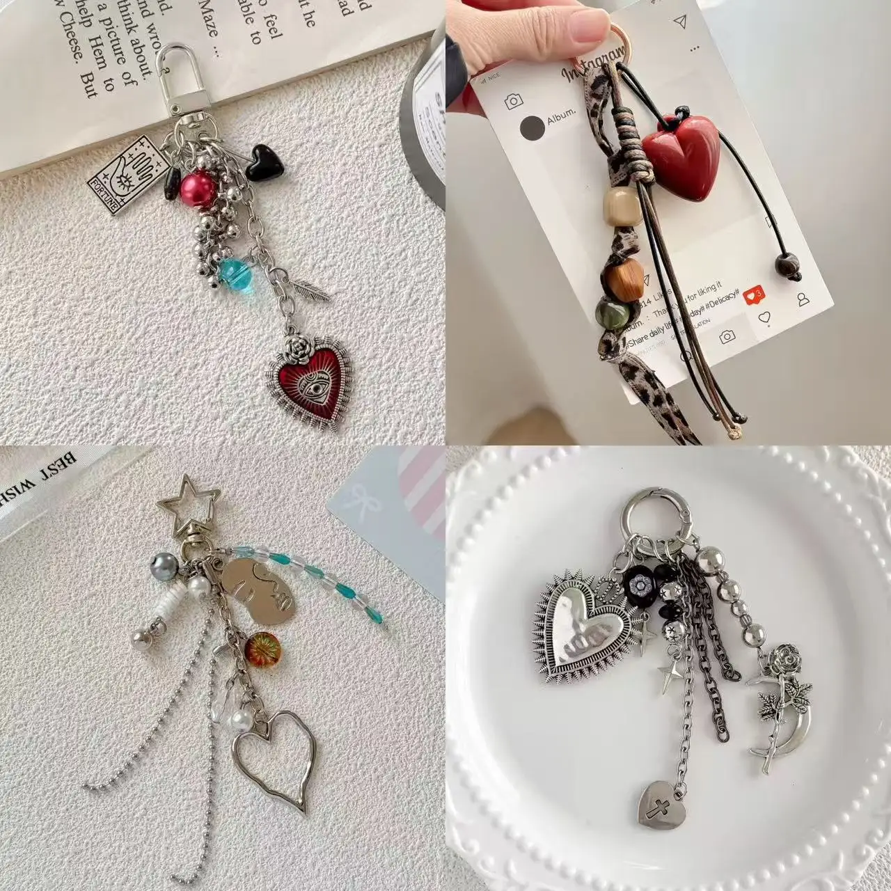 Cross-border abstract face retro Maillard ins Fengge special jewelry hanger dark red love brown bag hanging leopard print braide