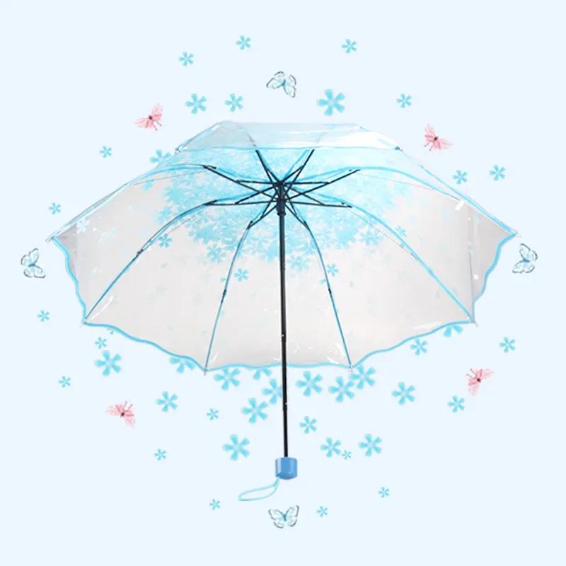 Korean Umbrella Folding Cute Korean Mini Fresh Simple Sen Series Trifold Cherry Blossom Transparent Japanese Umbrella