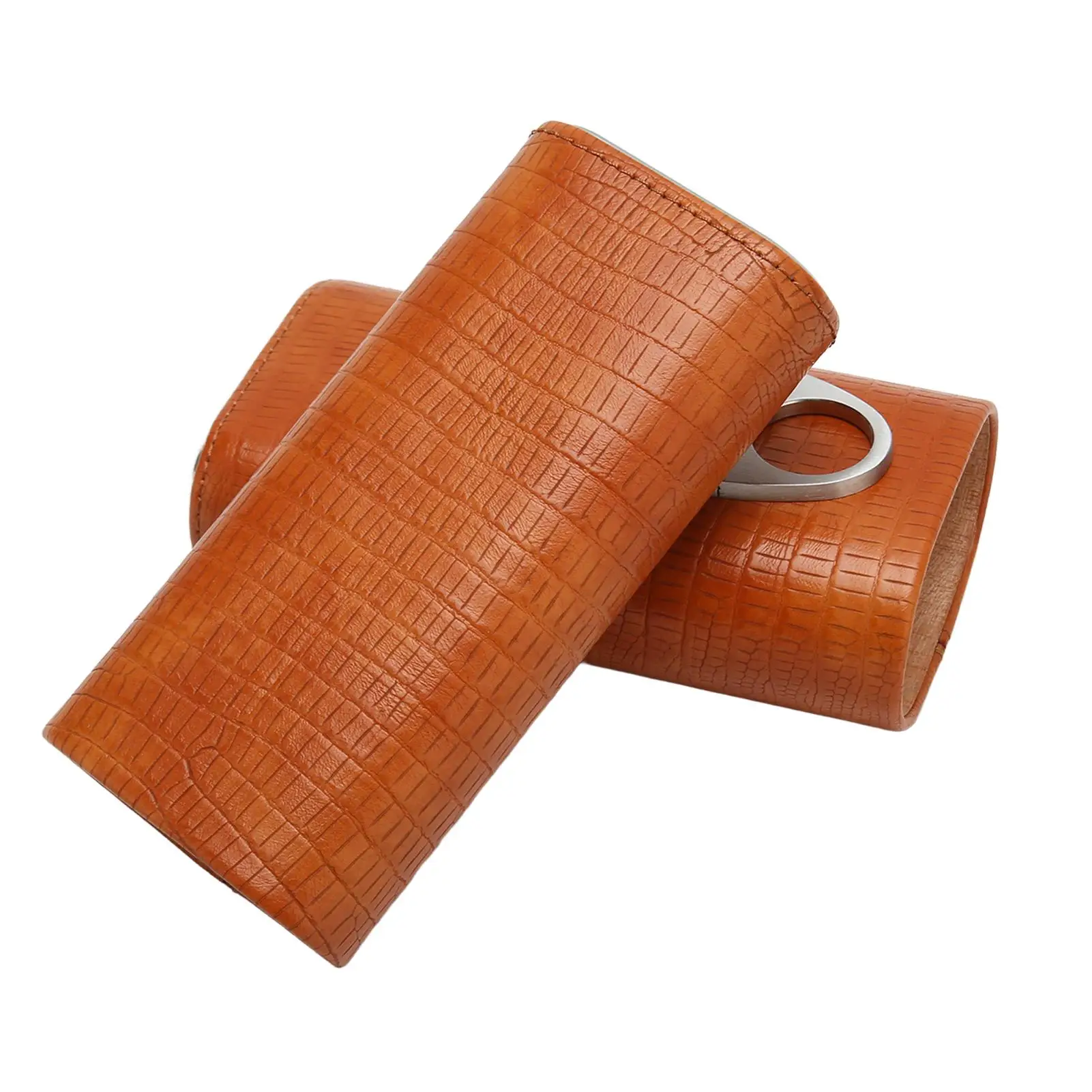 Portable 3-Finger Cigar Case with Cedar Wood Lining, Faux Leather Holder & Cutter for men - Brown