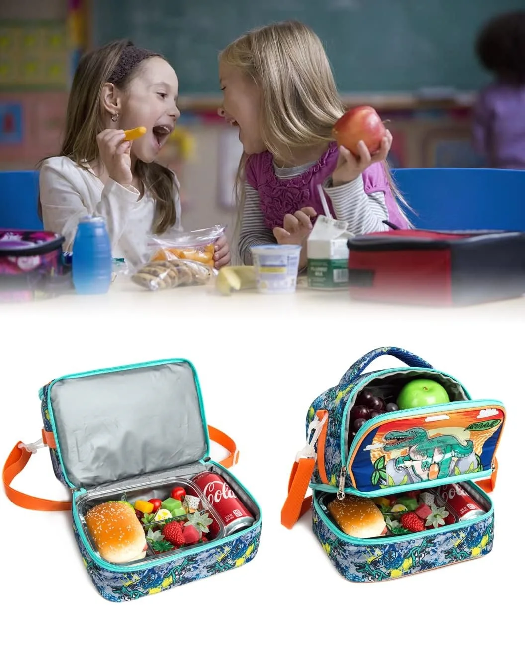 Kids Lunch Bag Insulated Bento Cooler Bag Two Compartment Cooler for Boy Girls Lunch Box with Adjustable Strap Travel Lunch Tote