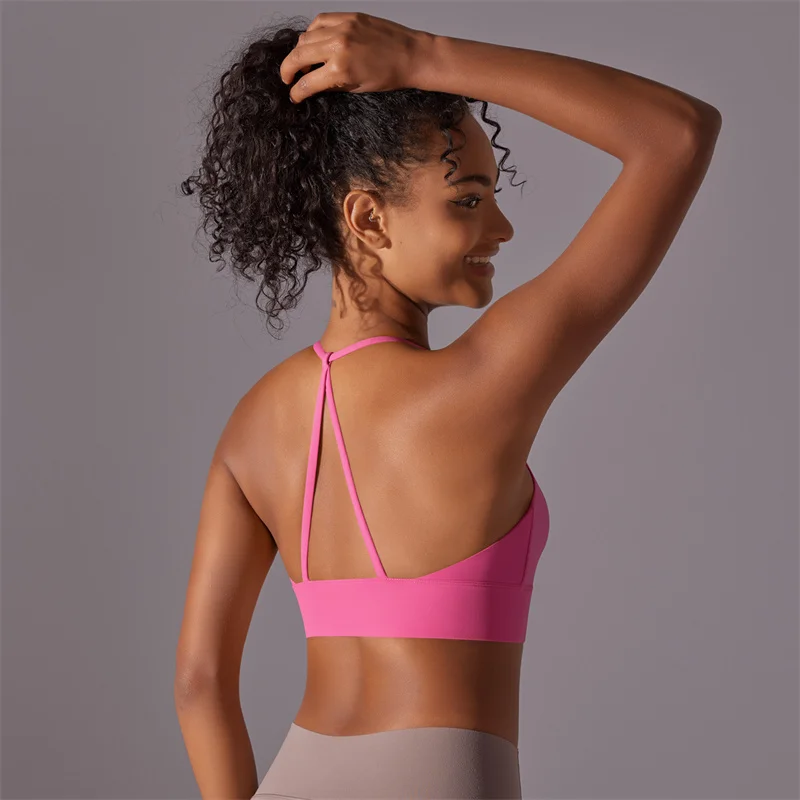 

Para Praia 2024 Fitness Training Top Yoga Top Women Sports Bra Workout Halter Bra Gym Running Breathable Underwear 7015 pink