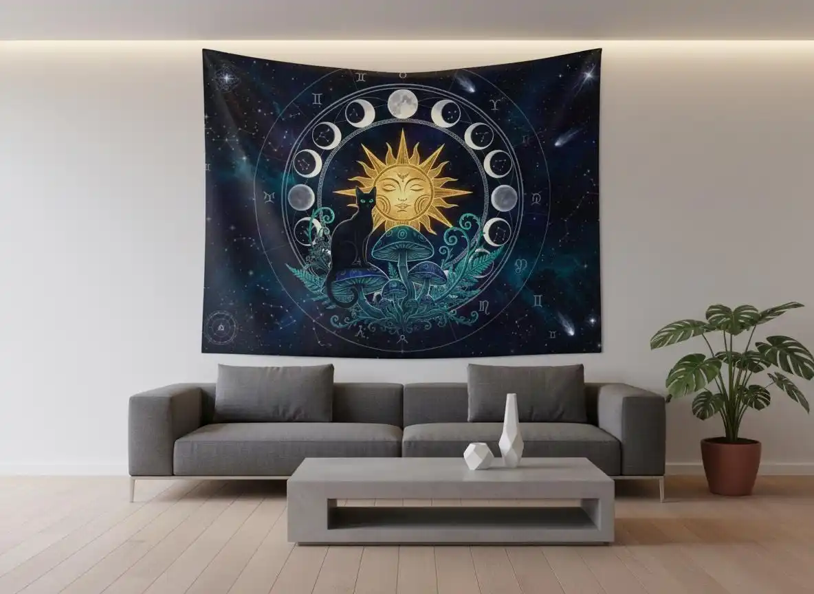 VIKAMA Moon Phase Black Cat Mushroom Tapestry Mysterious Witch Wind Background Cloth Starry Sky Constellation Room Decoration
