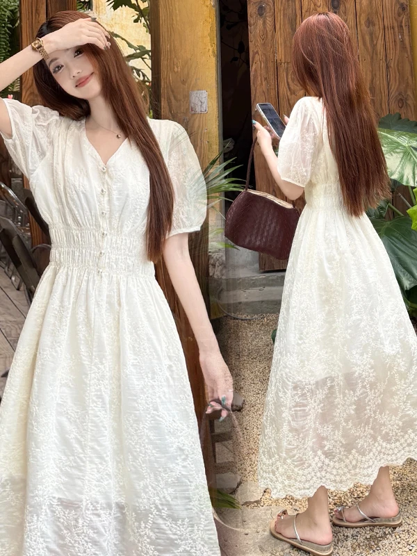 

Summer V-Neck Dress Women's plus Size Elegant Sweet Retro Waist-Cinching Midi Skirt French Style Embroidered A-Line Dress