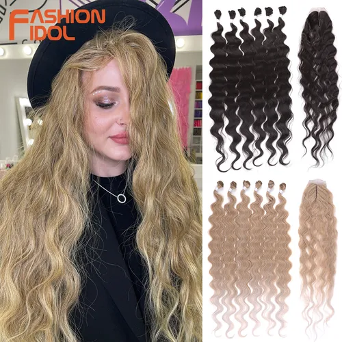 FASHION IDOL 36 pulgadas/90 cm 320g/7 piezas pelo ondulado mechones de pelo falso sintético con cierre extensiones de cabello trenzado Rubio para mujeres
