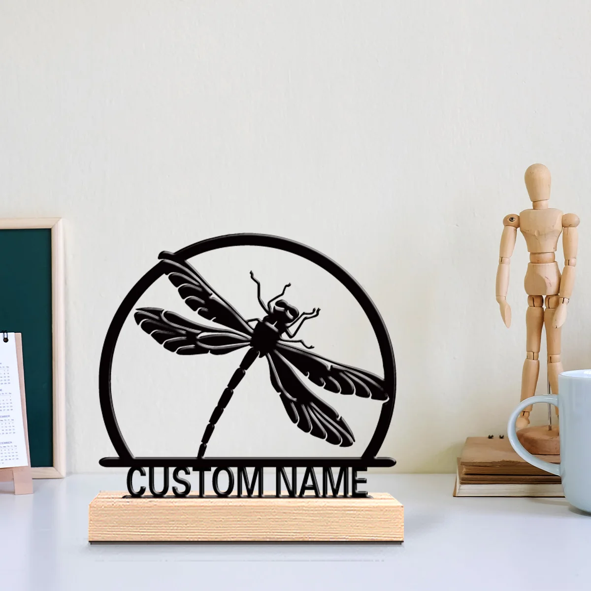 1pc Modern  Dragonfly Customizable Name Metal Statue Metal Ornament Art Figurine With Wood Base Iron Ornament Bedroom Table