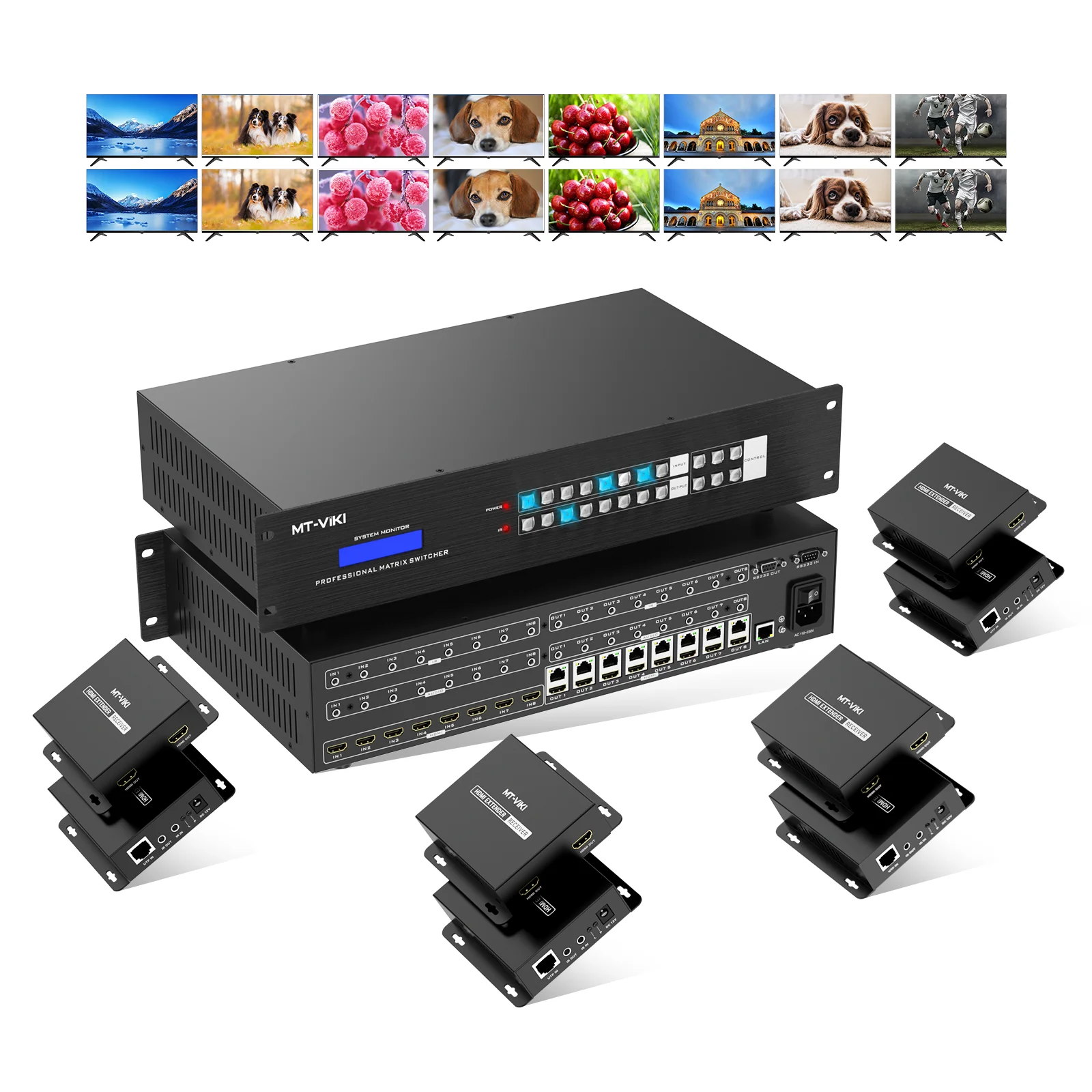 MT-VIKI 4K 60hz 8x8 8x16 H D M I matrix over Ethernet + 8 HDBaseT Receivers, available for 4x4 16x16 32x32 36x36 72x72