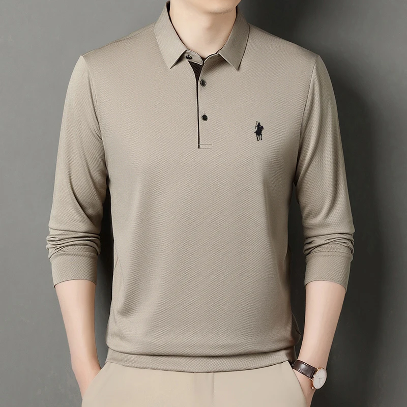 Men's new long sleeved polo shirt collar button solid color printed T-shirt, business casual hot selling men's clothing