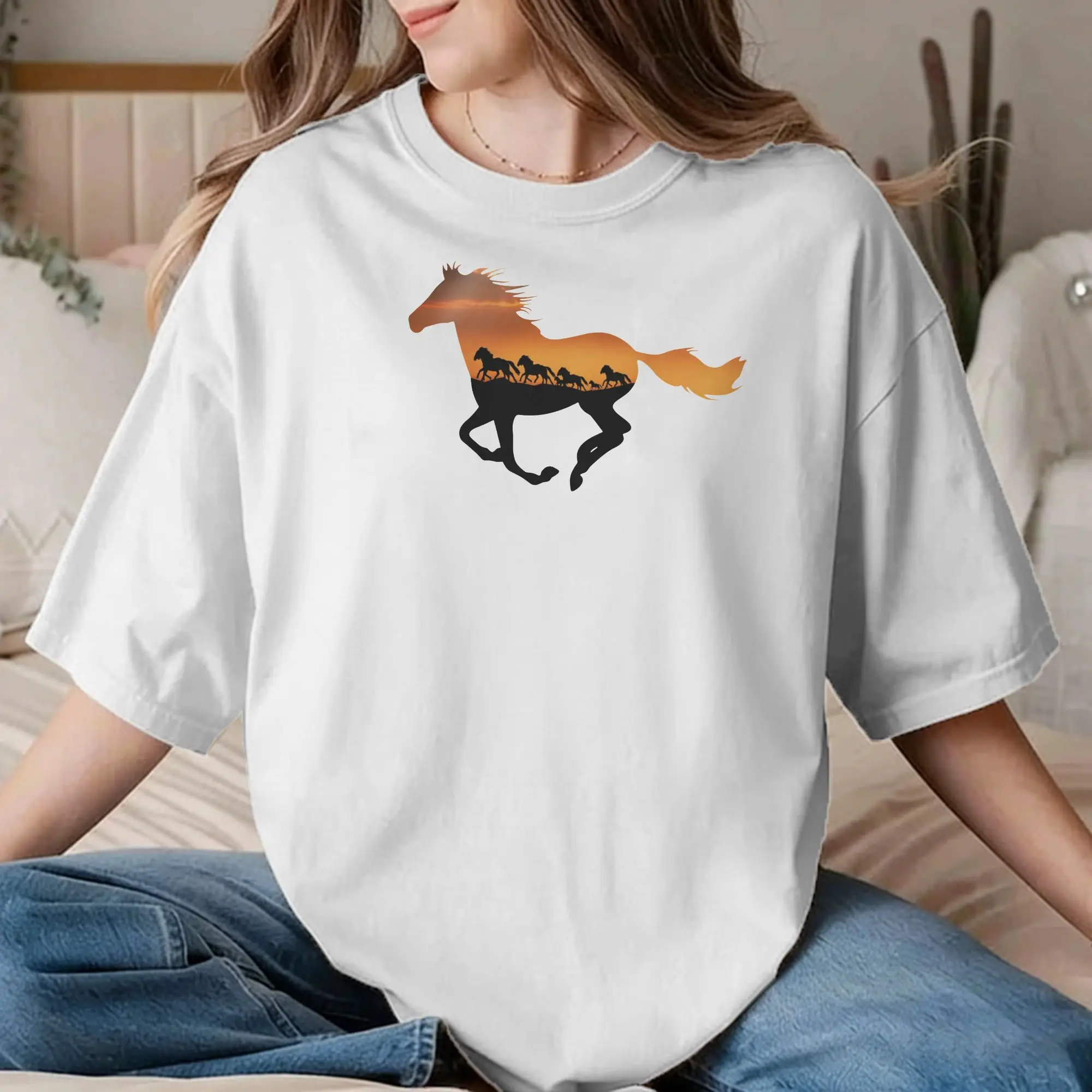 Camiseta de Cavalo para Homens e Mulheres, Casual, 100% Algodão, Camisetas de Corrida Equestre, T-Shirt de Manga Curta, Tamanhos Grandes
