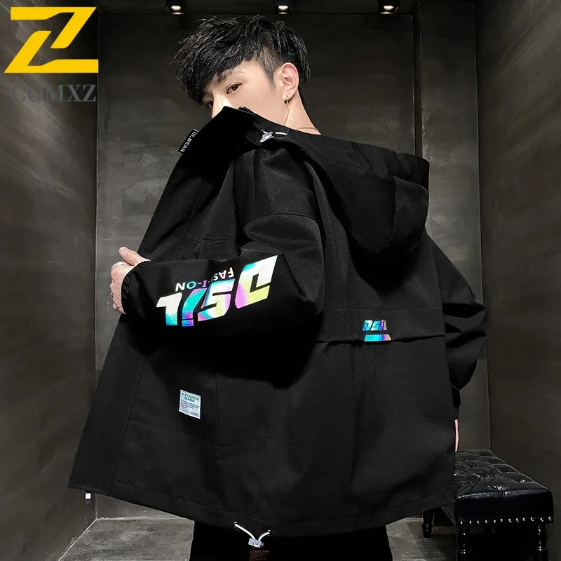 

COMXZ Men Jacket Outdoor Windproof Waterproof Camping Fashion Casual Hooded Jackets Reflective Color Print Cycling Outerwear