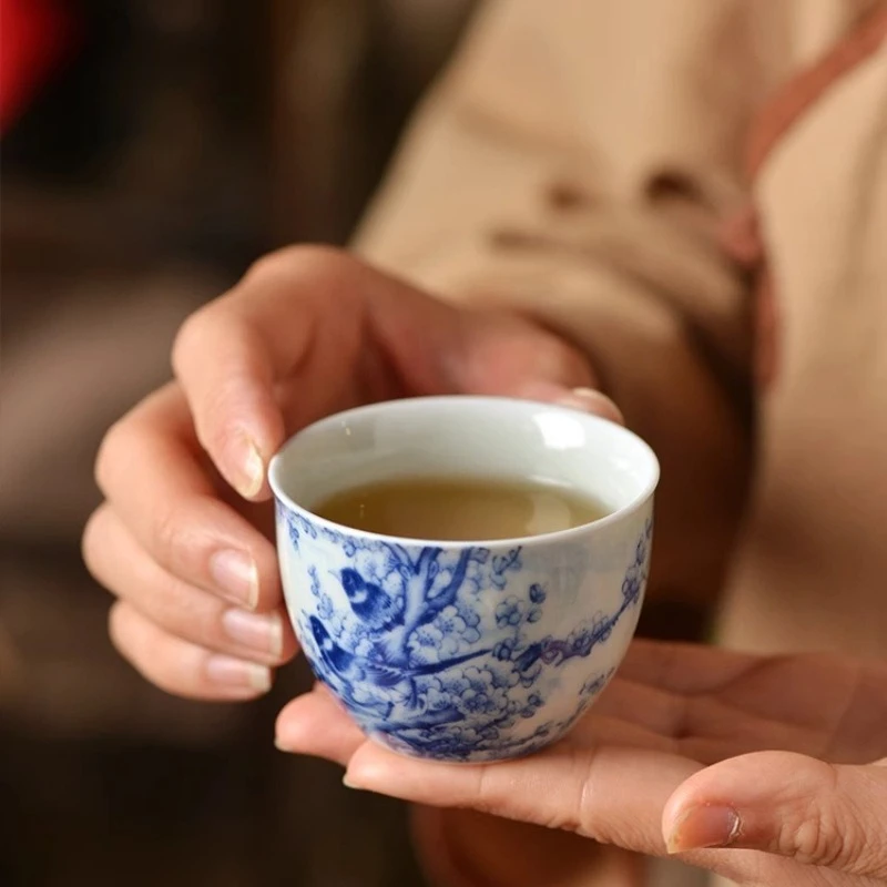 Jingdezhen Blue‑white Magpie‑on‑Plum Master Cup Chinese Floral Bird Kung Fu Tea Tasting Cup For Home Guest Use