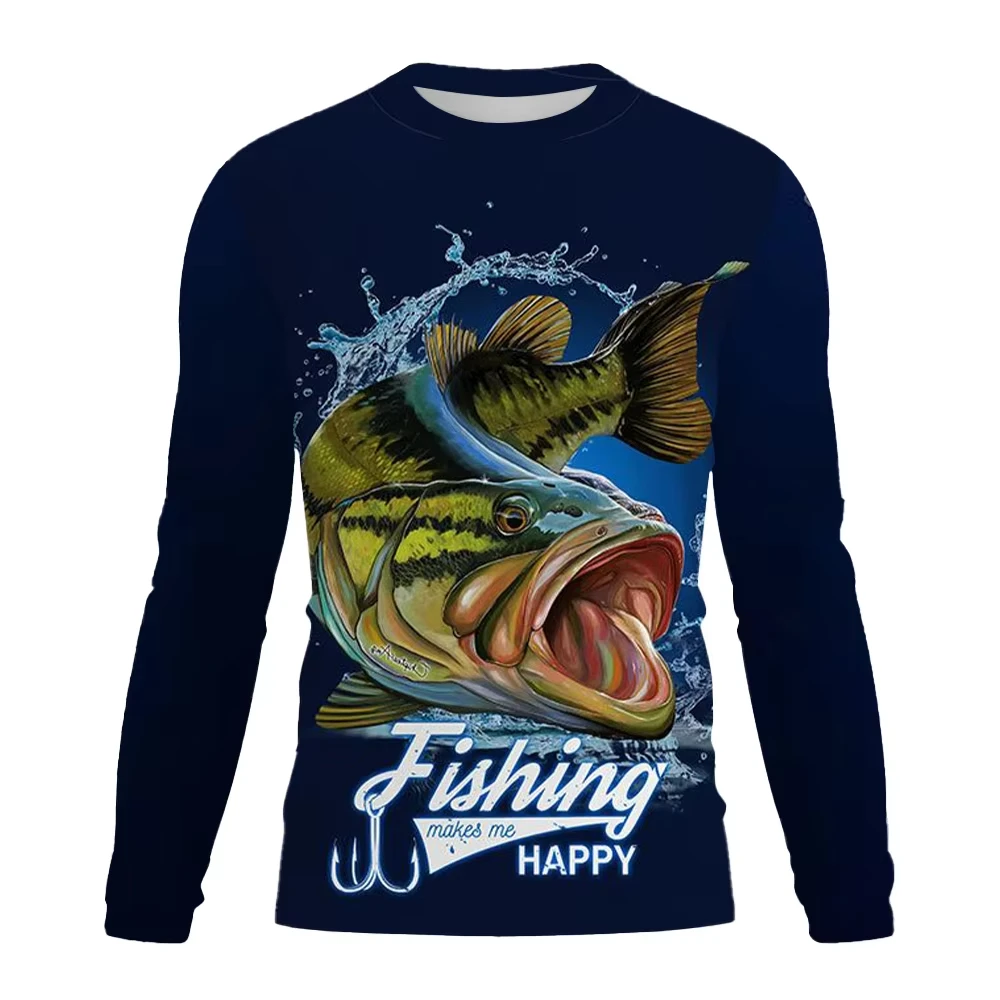 Y2K Big-mouth Bass Fish Splash 3D Print Breath Quick-dry Men's Long-sleeved Tshirt Outdoor Leisure Fashion Parent-child Clothing
