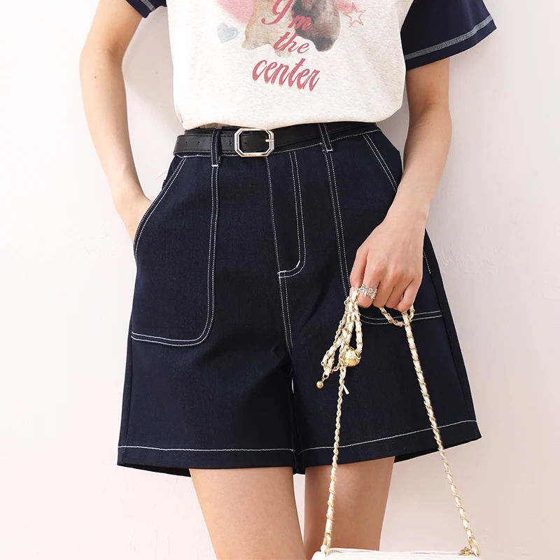 2024 Summer Denim Shorts Women Jeans Elegant Chic High Waist Loose Casual Deep Blue Cowboy Wide Leg Short Pants Female C3290