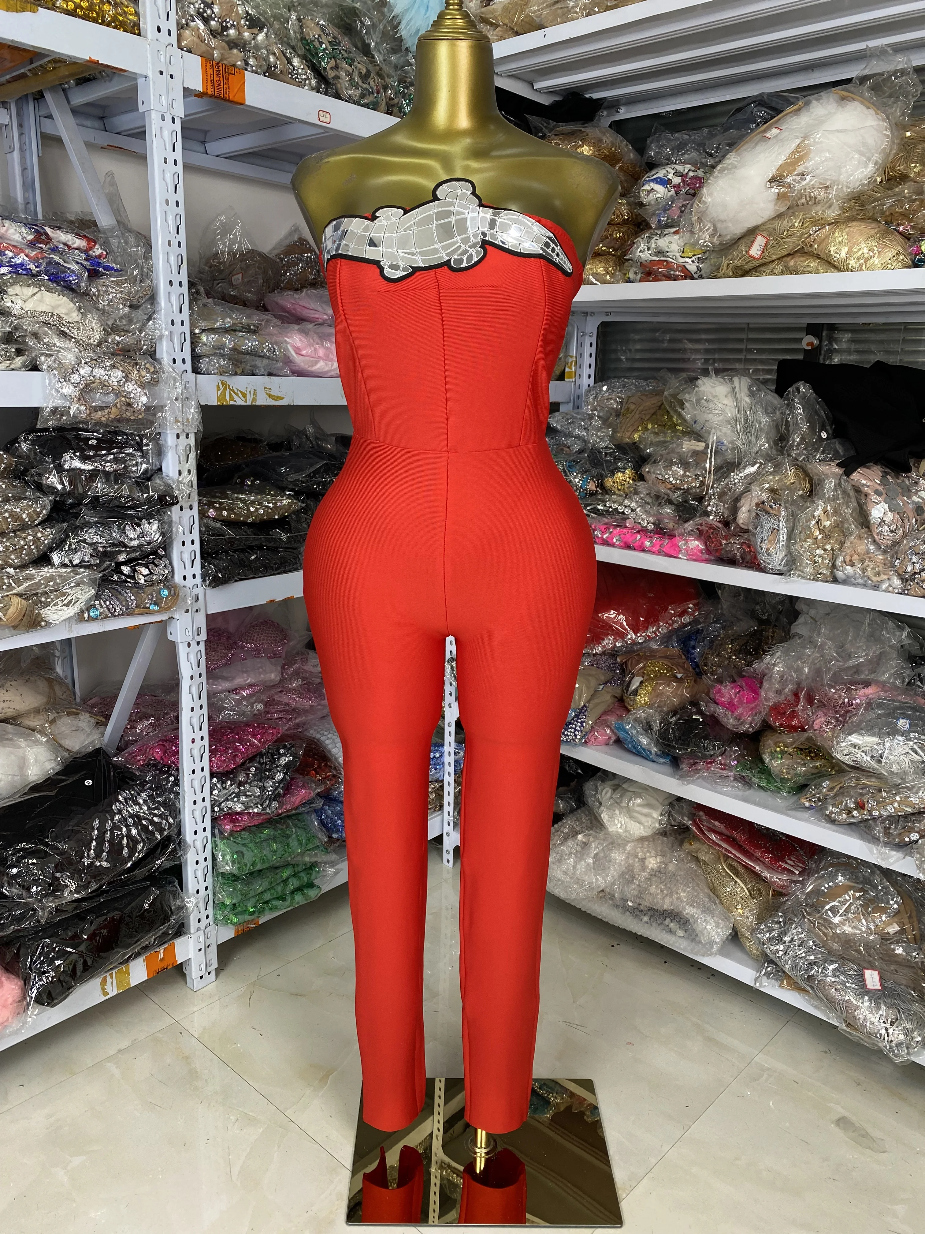Women Red Tube Bandage Jumpsuits Sequines Embroidery crocodile traight Pants Rompers High Street Evening Club Party Dress