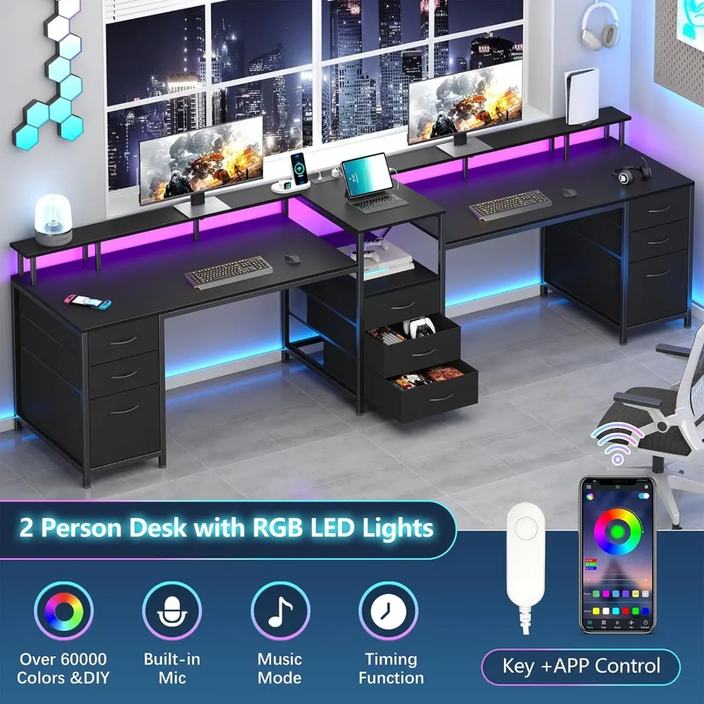 مكتب كمبيوتر مضاء بإضاءة LED ثنائي الأشخاص مقاس 98.4 بوصة مع 9 أدراج ومخرج طاقة لألعاب المكاتب المنزلية