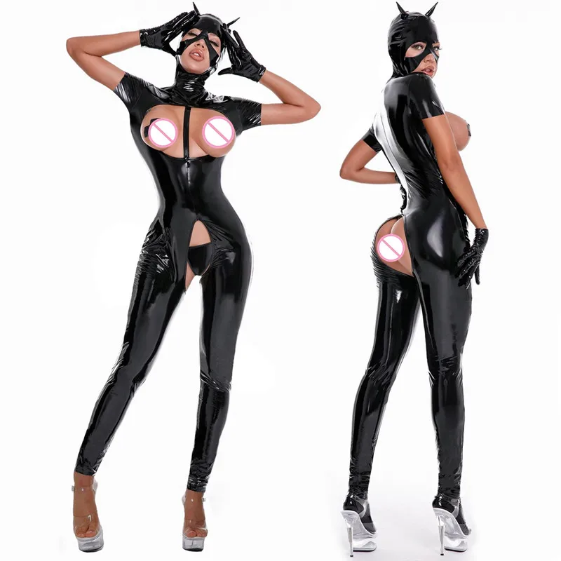 Women Latex Patent Leather Catsuit with Mask PVC Leather Sexy Exposed Nipples Crotchless Sexi Erotic Bodysuit Jumpsuits