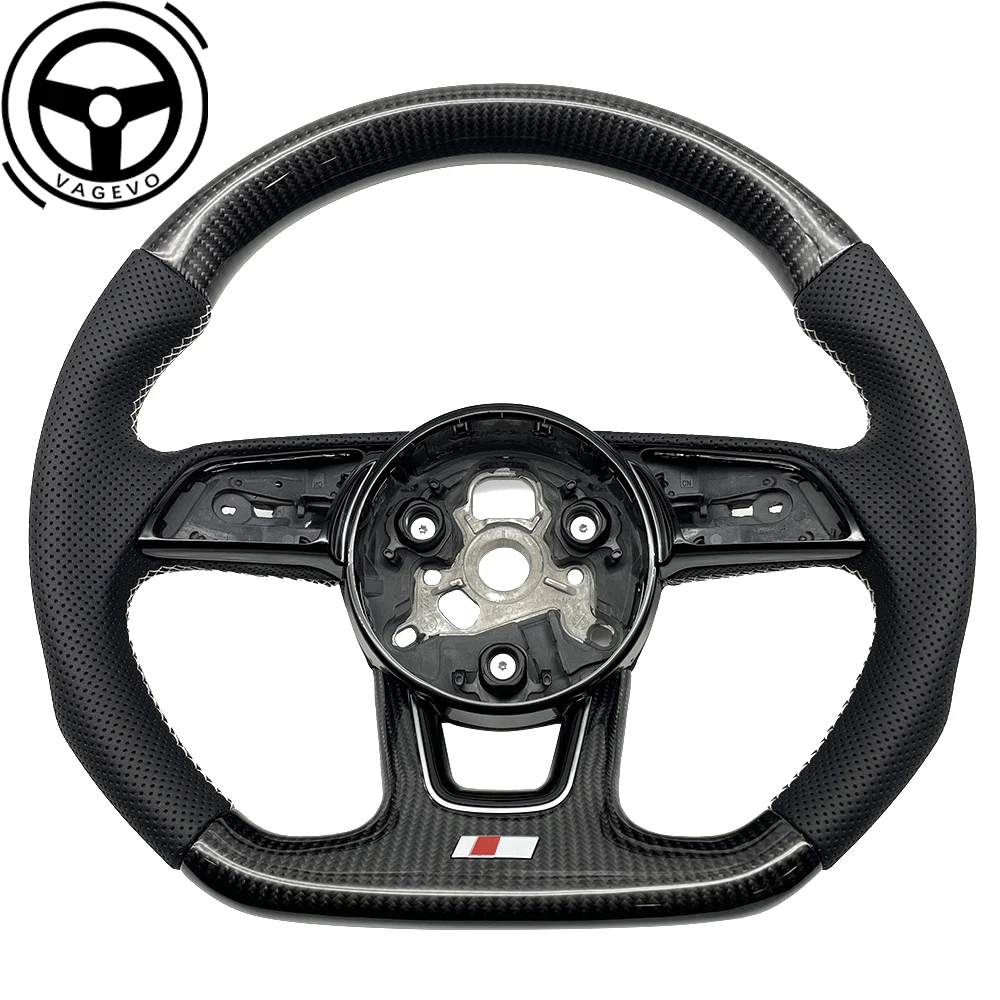 

Carbon Fiber Steering Wheel For Audi A4 B9 White Stitched Leather Perforated Flat Bottomed Sports Steering Wheel