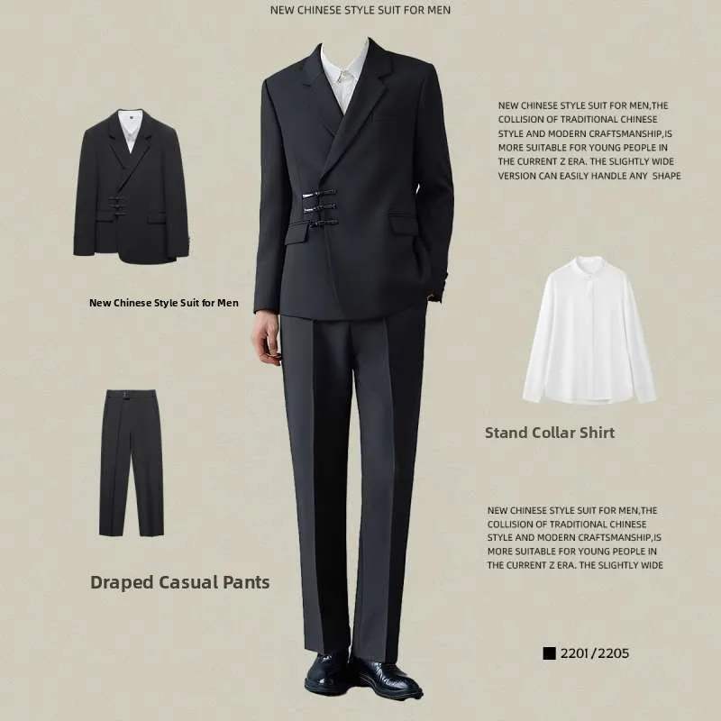 

Новинка 2025, весенний китайский свадебный костюм, мужской смокинг, свадебный костюм Dr Code, футболка с двойным разрезом и широким кроем, на пуговицах, простой спереди