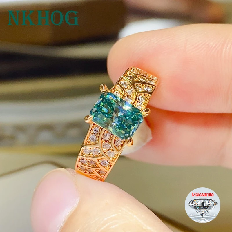 

NKHOG 1CT Green Moissanite Ring Radiant Cut S925 Silver Plated 18K Gold Women Men Wedding Band Party Gift Rings Fine Jewelry GRA