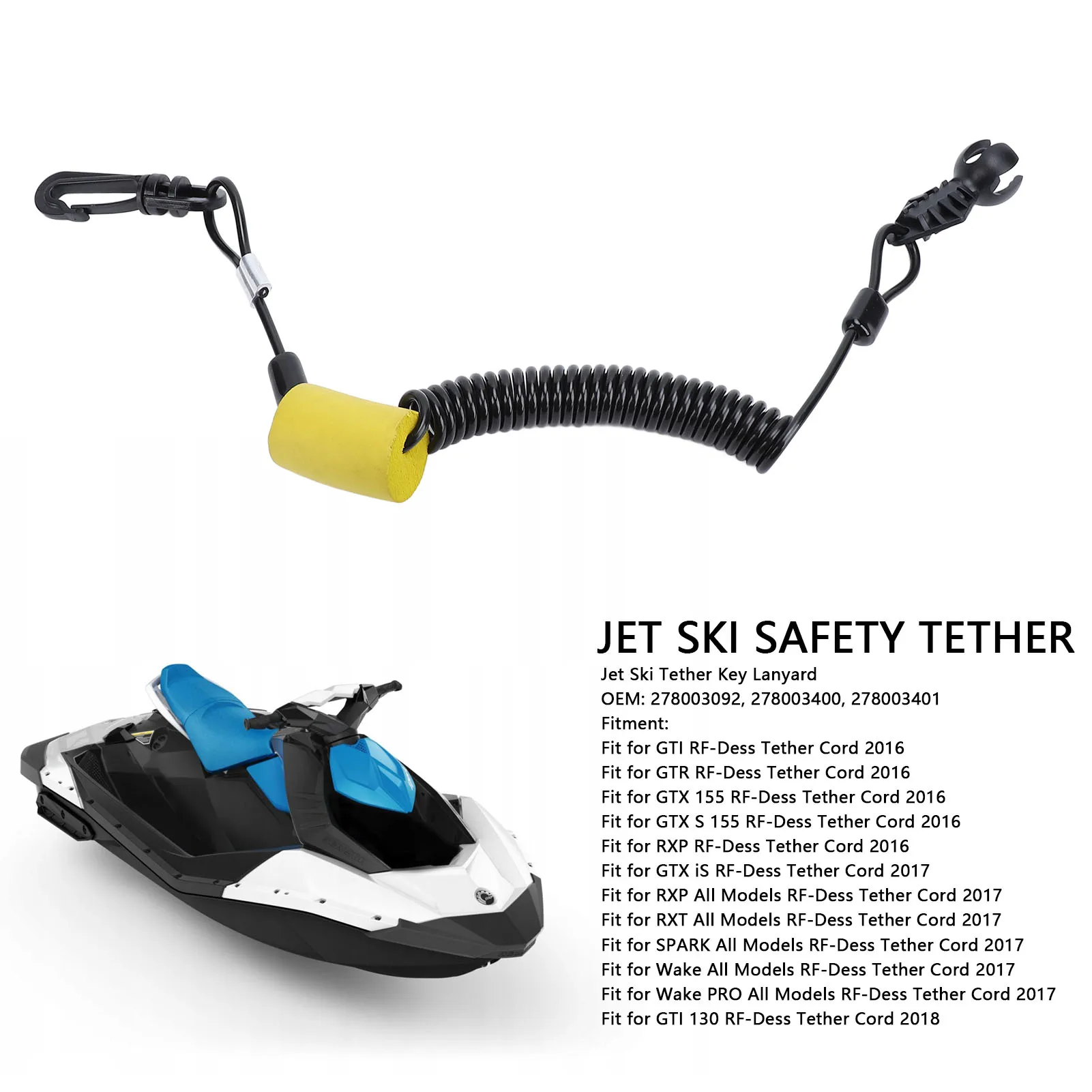 Jet Ski Tether Key Lanyard Elastic Rope 278003092 Anti Theft Learning Key Cord And Clip Replacement For Sea‑Doo GTI GTR GTX