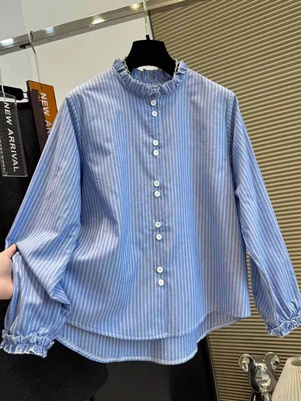 

Новая женская блузка Slim Fit в полоску с кружевным воротником, плиссированная, легкая, модная, повседневная, из смесового хлопка, весна-осень