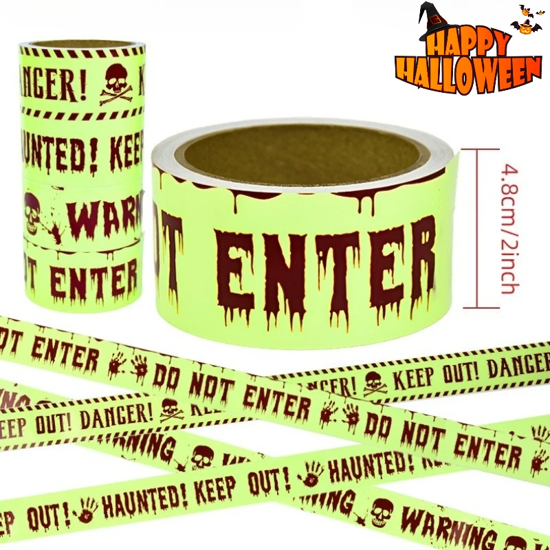 Halloween Glow In Dark Warning Tape Skull Handprint Spooky Do Not Enter Barrier Tape for Haunted House Horror Party Decor