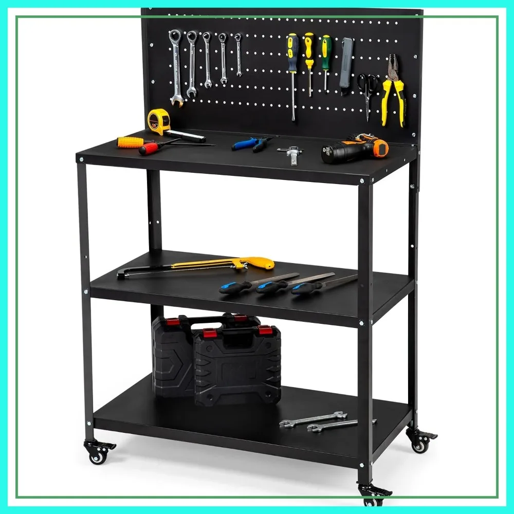 

50.4 x 33.4 in Heavy Duty Workbench, 200LBS Steel Work Table with Pegboard & Lockable Wheels, Rolling Tool Storage for Garage Workshop