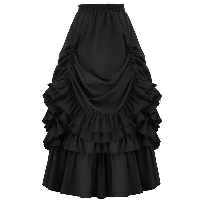 MEXZT Vintage Gothic Black Midi Skirt Women Japanese Harajuku Ruffles White Skirts Punk High Waist Drawstring A Line Faldas New