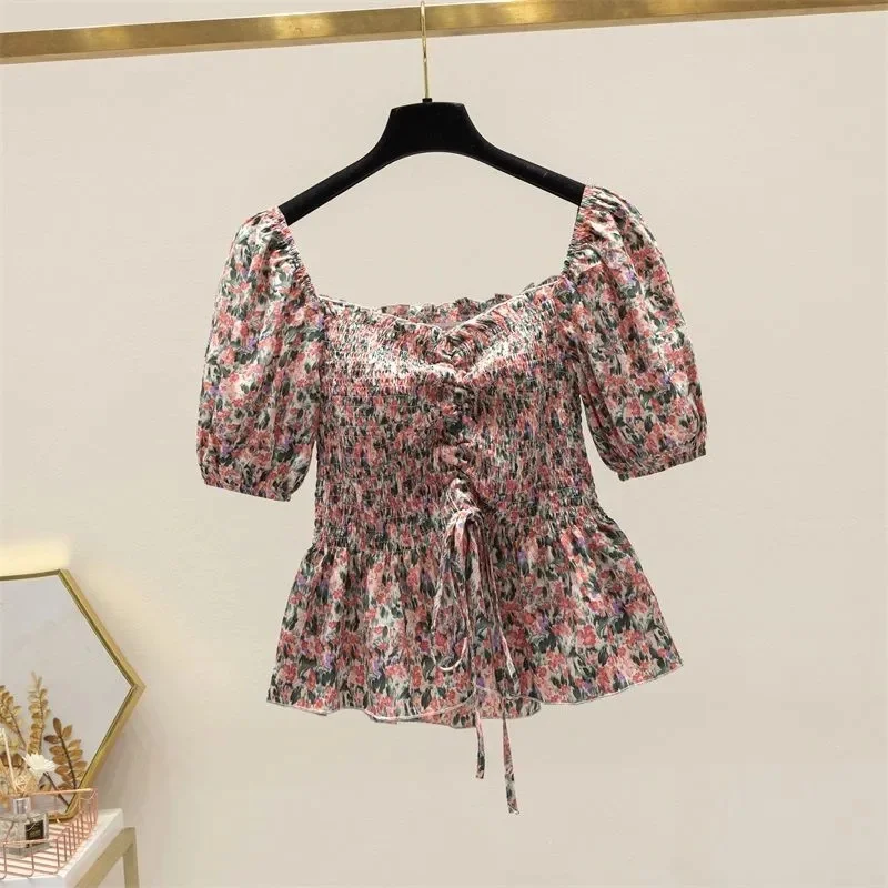 

Large size women's dress up waist exposed collarbone short shirt 2022 summer new square collar puff sleeve short-sleeved shirt