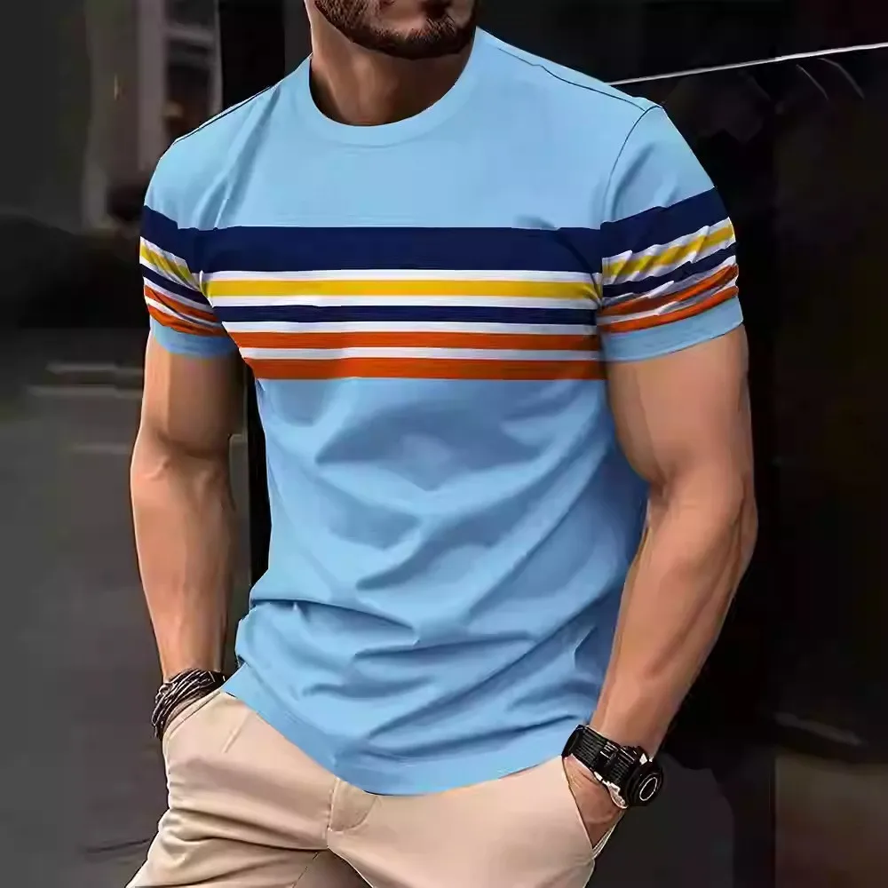 

Men's 3D printed striped loose short sleeved T-shirt worn inside and outside S-4XL-