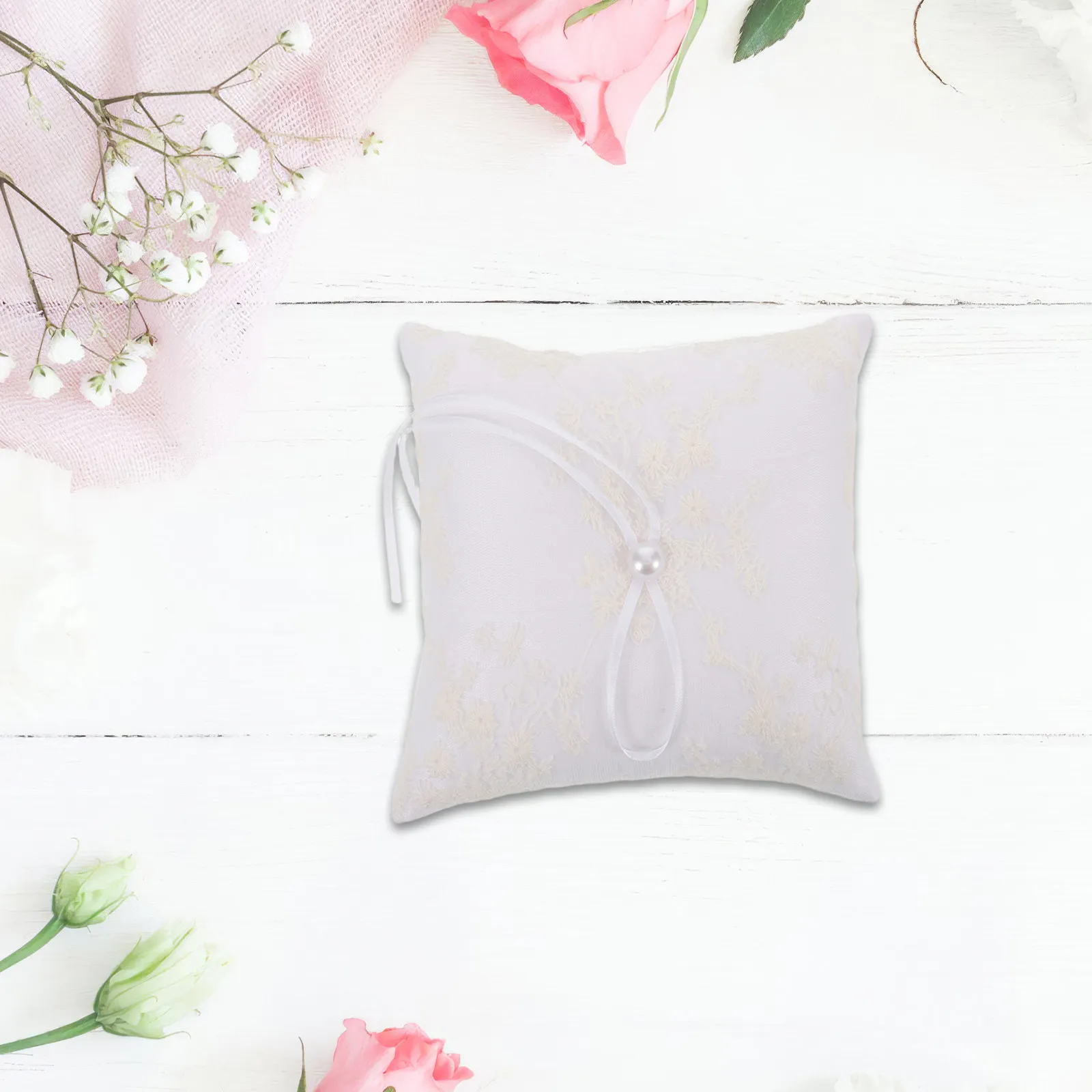 Wedding Ring Pillow Satin Pearl Embroidered Flower White European Design Bridal Shower Party Proposal Ceremony Holder Ring