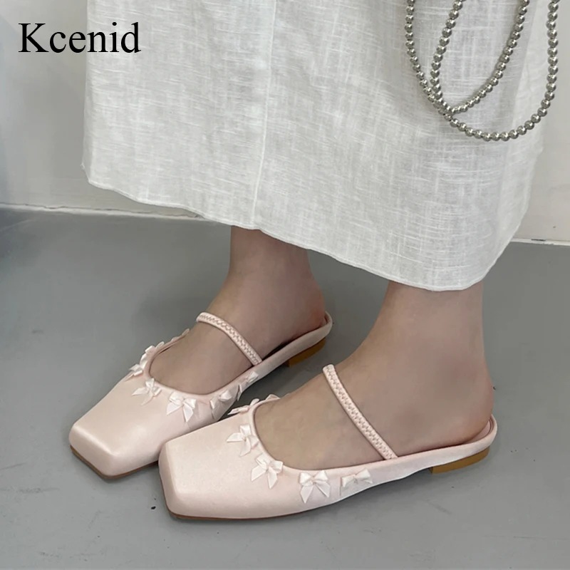 

Kcenid New Women's Pink Satin Ballet Flats Summer Square Toe Comfy Walk Bow Knot Mules Outdoor Slippers Black Plus Size 42 43