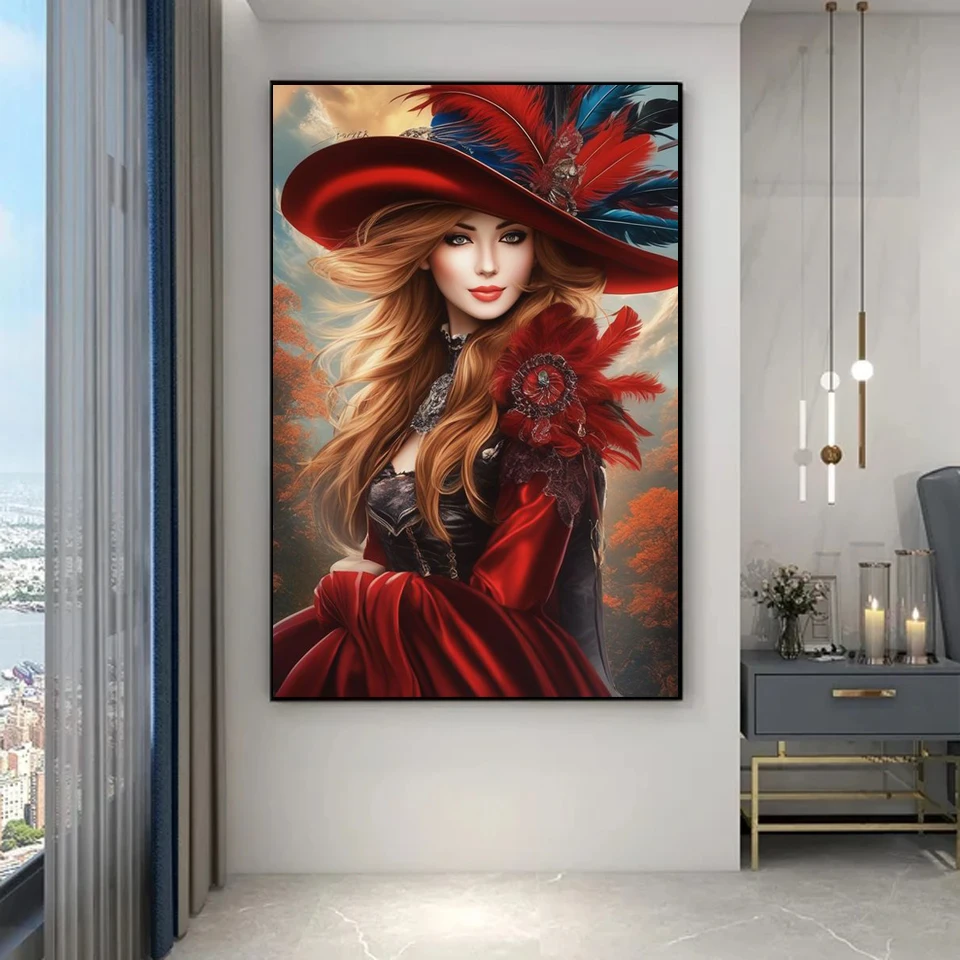 Pittura diamante fai da te nuova donna 2024 che indossa cappello di piume diamante pieno mosaico ricamo punto artistico decorazione della casa kit