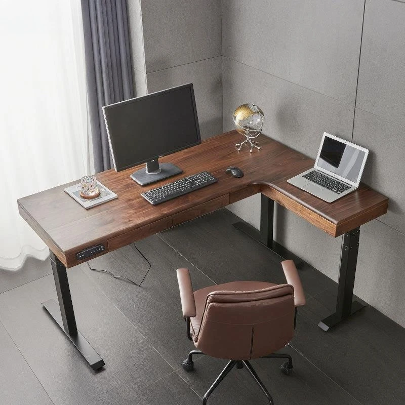 Corner desk All solid wood electric lifting table Corner computer table, simple Japanese log black walnut desk