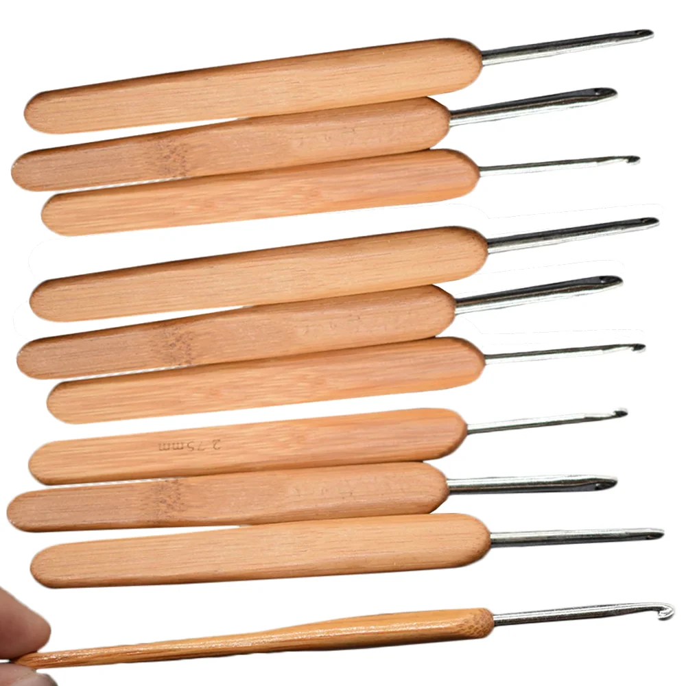 10Pcs/set High Quality Carbonized Bamboo Handle Crochet Hooks Set Crochet Knitting Needles Sewing DIY Knitting Tools