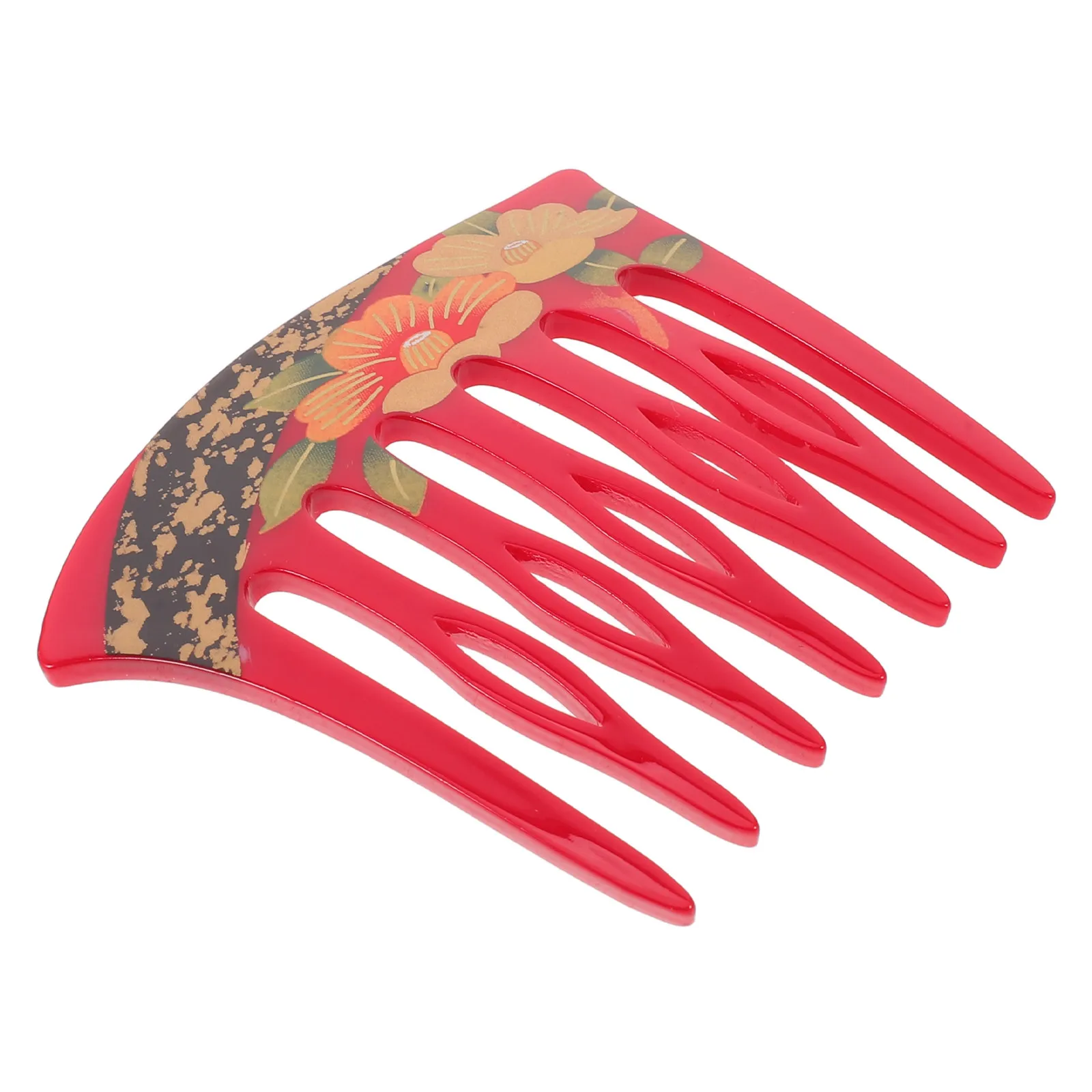 French Hair Side Comb Retro 7-Tooth U Shaped Floral Printed Acrylic Hairpin Updo Wedding Birthday Styling Accessories Red