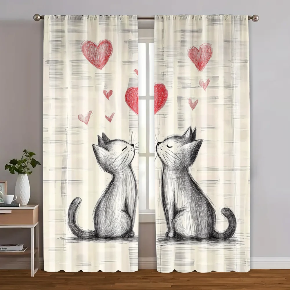 

2pcs, Pattern Curtains 2D print Two intimate cats Machine Washable Fabric (without rod) All Seasons Ldeal for Living Room,