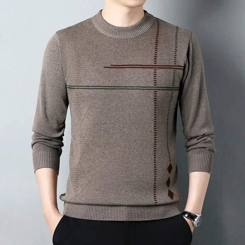 Autumn Winter New Middle Aged Men\'s Warm Sweater Han Simple Temperament Solid Jacquard Screw Thread Round Neck Pullover Knit Top