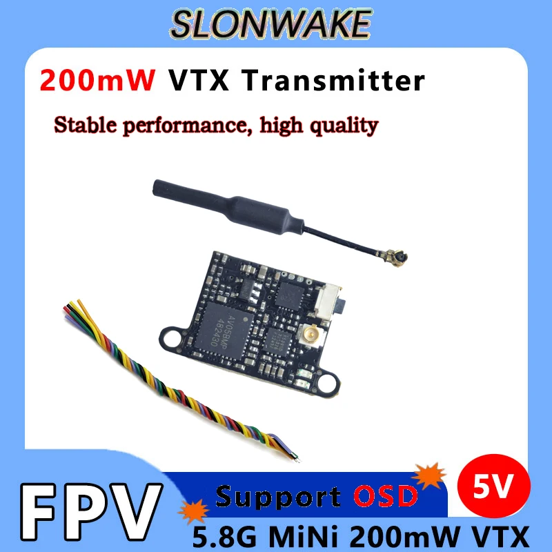

Модуль передатчика SLONWAKE FPV VTX, 200 МВт, регулируемая мощность, 48 каналов, 5 В/1 А, 20 мм, подходит для радиоуправляемого БПЛА с фиксированным крылом