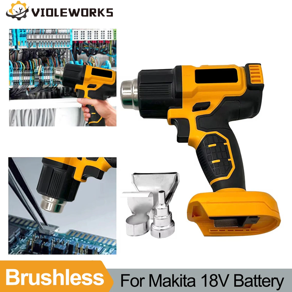 Brushless Cordless Heat Gun 60°C-650°C Adjustable Temperature Heat Shrink Gun with 5pcs Nozzles for Makita 18V Battery