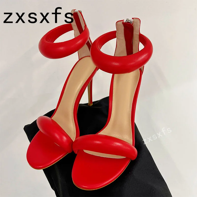 

2023 Summer New Leather Thin High Heels Sandals Women Open Toe Zipper Pumps Brand Designer Sexy Party Shoes Mujer