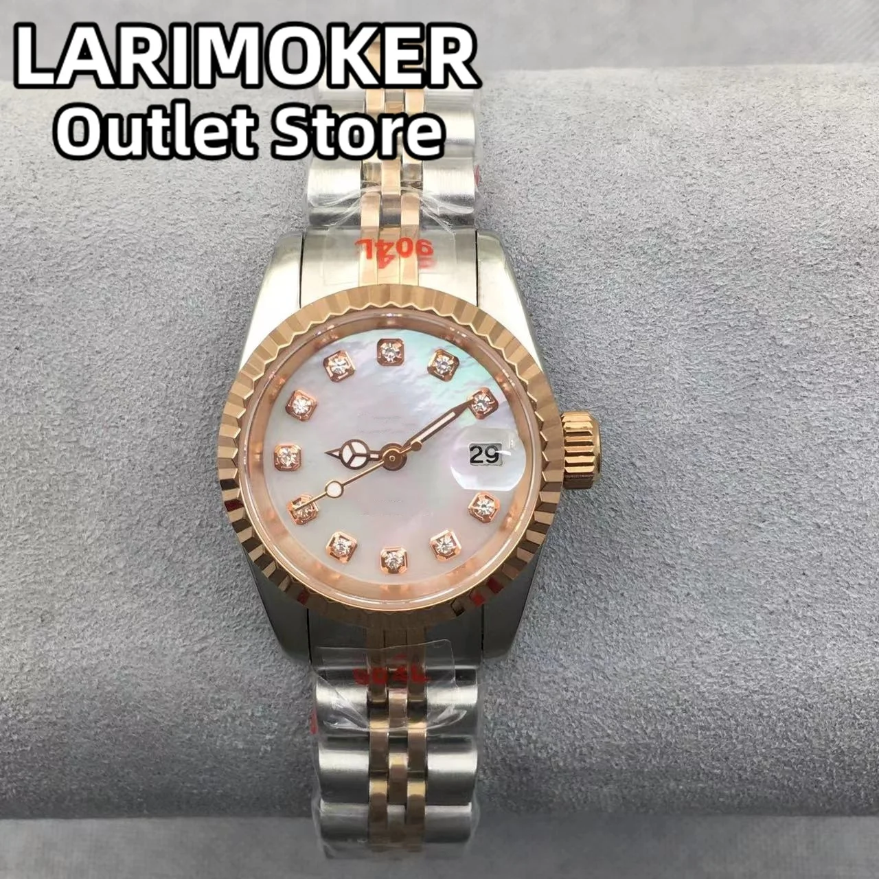 LARIMOKER Silver 26mm Mechanical Women\'s Watch White Pink Shell Dial Silver Gold RoseGold Index Sapphire Glass fit NH05 Movement